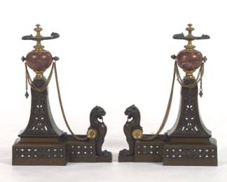 Antique Pair of French Bronze Mix Metals and Marble Chenets, 19th Century