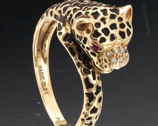 Ladies Gold, Enamel, Ruby and Diamond Leopard Bypass Ring 