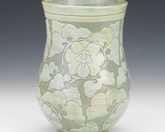 Korean Celadon Glazed Pottery Carved Vase, by Li Changfu 