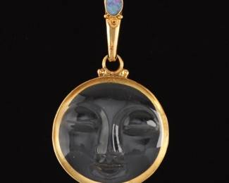 Ladies Sajen Gold, Moon Face Rock Crystal and Black Opal Large Pendant 
