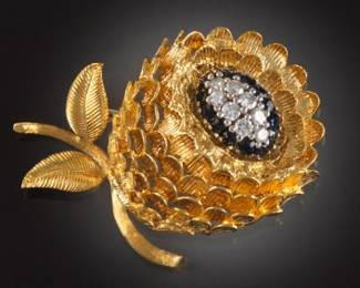 Ladies 18k Gold, Sapphire and Diamond Brooch 