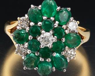 Ladies Vintage TwoTone Gold, Emerald and Diamond Cluster Ring 