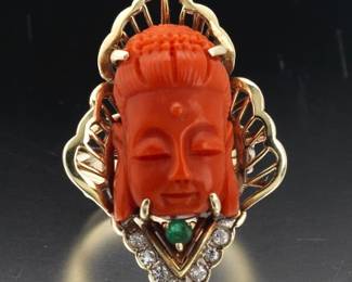 Ladies Vintage Gold, Carved Coral Buddha Head, Emerald and Diamond Ring 