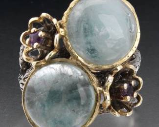 Ladies Artisan Gold over Sterling Silver, Aquamarine and Amethyst Ring 