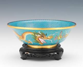 Chinese Cloisonne Enameled Bowl with Dragons Chasing Pearl of Wisdom