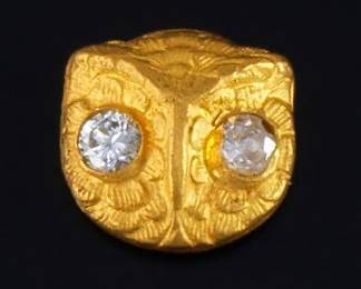 A Darling Owl 18k Gold and Diamond Tie Tack 