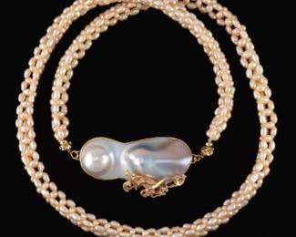 Large Mother of Pearl and Diamond Clasp on Pearl Necklace