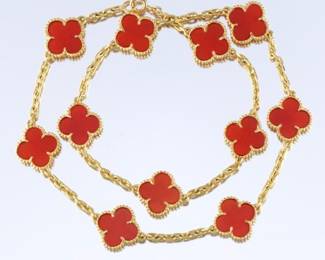 Ladies Gold and Orangy Red Stone Clover Necklace 