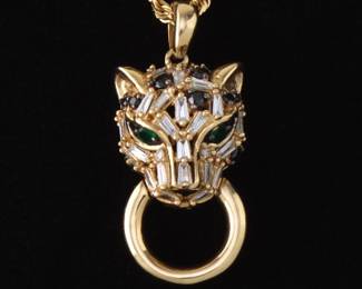 EFFY Gold, Diamond, Emerald Cartier Style Panther Head Pendant on Gold Chain 