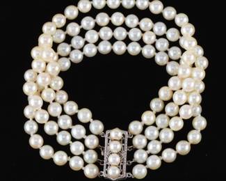 Ladies Art Deco Gold and Pearls FourStrand Bracelet 