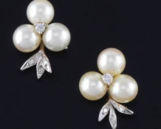 Ladies Pair of Gold Pearl and Diamond Earrings 