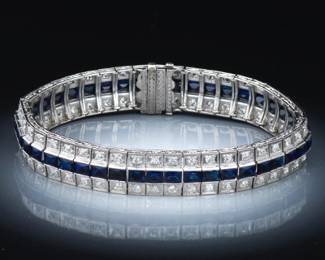 Ladies Art Deco Gold, Blue Sapphire and Diamond Bracelet 