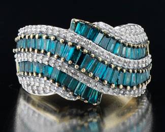 Ladies Gold, Blue and White Diamond Bypass Wave Ring 