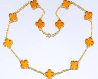 Ladies Gold and Orange Stone Clover Necklace 
