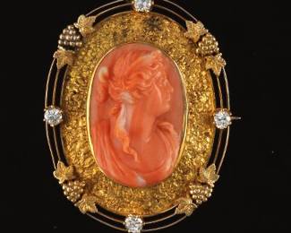 Carved Coral Cameo in Gold and Diamond Frame, ca. 1910 