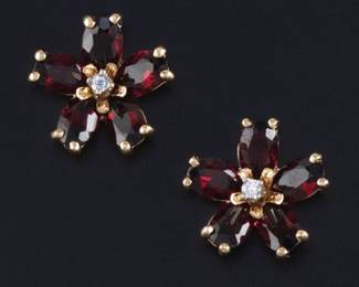 Ladies Pair of Gold, Garnet and Diamond Earrings 