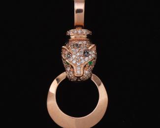 Ladies Gold, Diamond and Emerald Cartier Style Panther Pendant on Adjustable Length Chain 