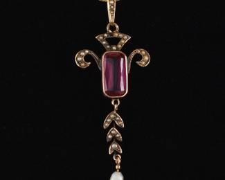 Ladies Victorian Gold, Rubilite and Seed Pearls Pendant on Snake Chain