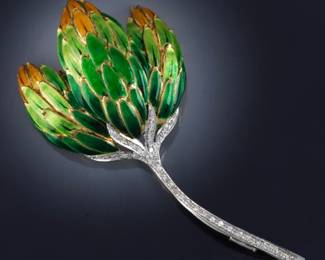 Spectacular King Protea Flower Vintage Gold, Enamel and Diamond Pin Brooch 