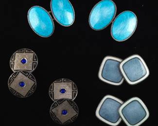 Three Pairs of Arts Deco Sterling Silver, Guilloche Enamel and Blue Sapphire Cufflinks 