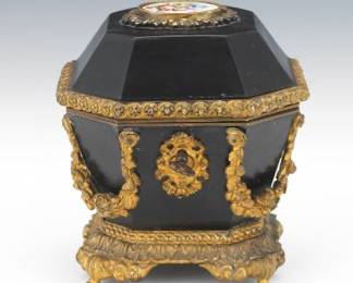 French Antique DOre Bronze, Ebonized Wood and Porcelain Plaque Jewelry Casket, 19th Century 