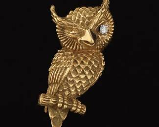 A Wise Owl Gold and Diamond Owl Brooch 