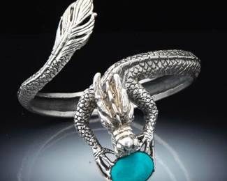 Ladies Sterling Silver and Turquoise Dragon Bangle 