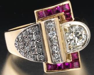 Ladies Retro Gold, Platinum, Diamond and Ruby Buckle Ring 