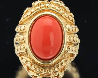 Ladies Italian Baroque Style Gold and Coral Color Gem Stone Ring 