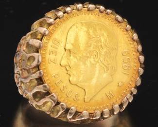 Mexican Diez Pesos Gold Coin Nugget Ring 
