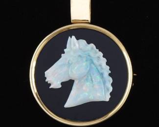 Opal Horse, Onyx and Gold Pendant 