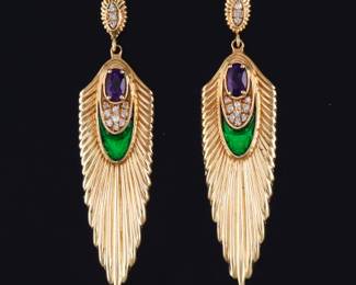 Erte Pair of Gold, Amethyst, Diamond and Enamel Phoenix Feather Earrings 