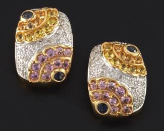Ladies Pair of Gold, MultiColour Sapphire and Diamond Earrings 