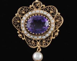 Ladies Gold, Amethyst, and Pearl Brooch 