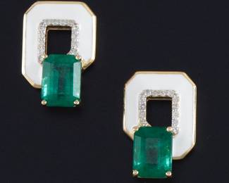 Oscar Friedman Emerald, Diamond and Enamel Earrings 