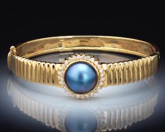 Ladies Gold, Mabe Pearl and Diamond Bangle Bracelet 