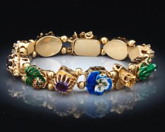 Ladies Vintage Gold, Gem Stones, Diamond and Enamel Whimsical Slider Bracelet 