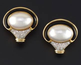 A Pair of Mabe Pearl, Onyx, and Diamond Earrings 