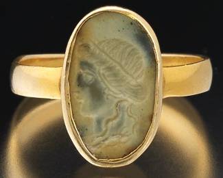 Antique Etruscan Revival Gold and Intaglio Carved Faux Agate Ring 