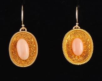 Ladies Victorian Pair of Gold and Angel Skin Coral Earrings