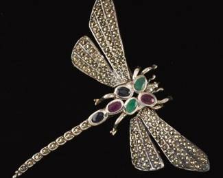 Vintage Marcasite Silver and Gemstone Dragonfly Brooch 