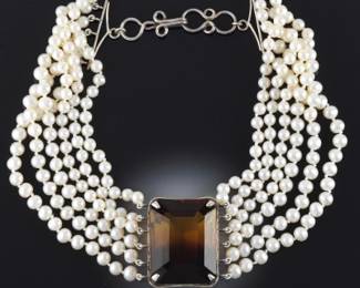 Impressive Ladies Oversized Ametrine, Sterling Silver and Pearls Choker Neckalce 