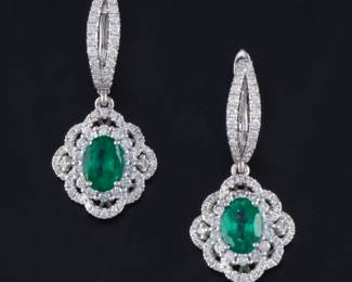 Ladies Pair of Gold, Emerald and Diamond Dangle Earrings 
