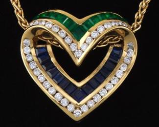 Charles Krypell Sapphire, Emerald and Diamond Pendan on Chain 