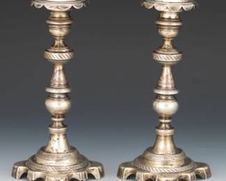 Antique Dutch Pair of Cast Silver Candleholders, ca. 18th Century 