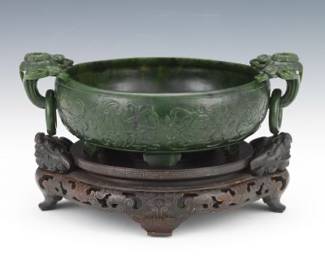 Chinese Archaistic Spinach Jade Carved Abundance Bowl with Buddhist Auspicious Symbols, on Carved Rose Wood Stand with Silver Wire