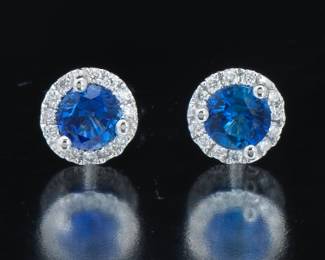 Ladies Pair of Gold, Blue Sapphire and Diamond Ear Studs 