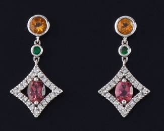 Ladies pair of Gold, Pink Tourmaline, Citrine, Emerald and Diamond Drop Earrings 