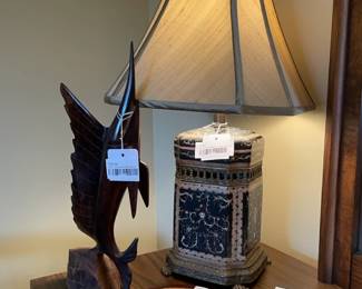 Currey and Company Table lamps, Vtg. Ironwood Swordfish