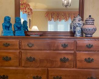 Ethan Allen Dresser & Mirror, Delft Blue Vases, Foo Dog Ceramic Statue Pair